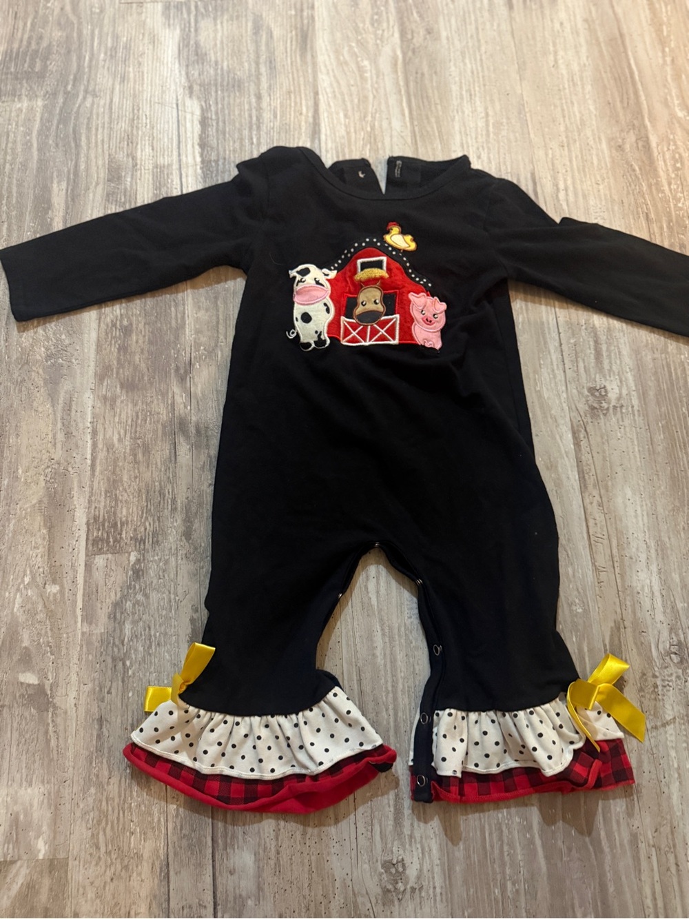 Black Farm Animal Appliqué Footie One-Piece with Ruffle Hem